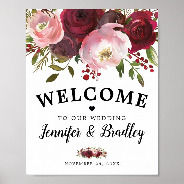 Poster Casamento de Boas-vindas da Rustic Burgundy Blush  (Frente)