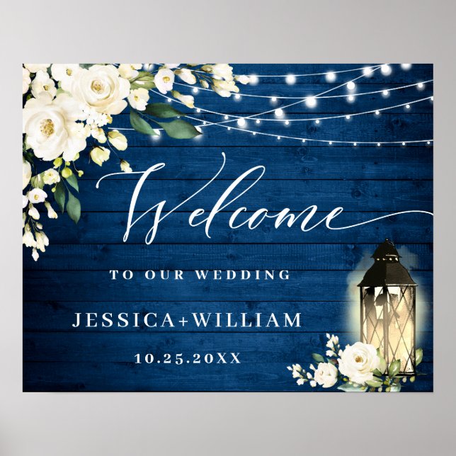 Poster Casamento de Boas-Vindas de Rosas Brancas Lanterna (Frente)