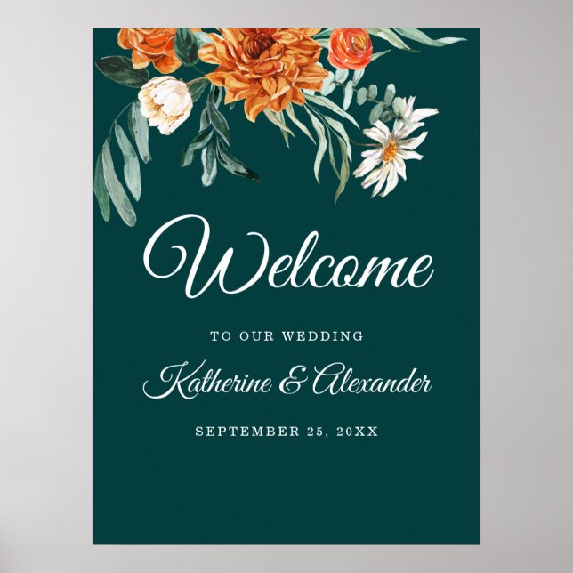 Poster Casamento de Boas-vindas do Teal Burnt Orange Eleg (Frente)