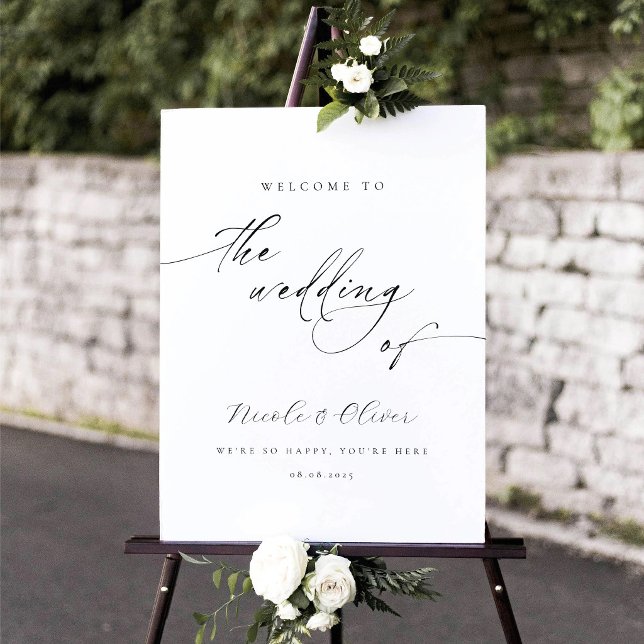 Poster Casamento de Caligrafia Moderna em Preto e Branco  (Modern Black and White Calligraphy Wedding Welcome Sign)