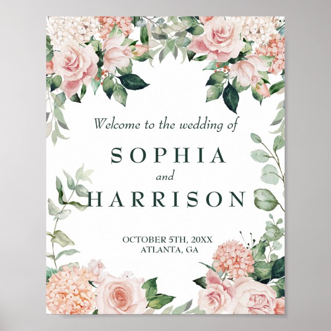 Poster Casamento De Cor Floral Elegante Rosa (Frente)