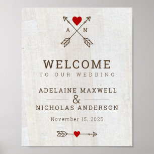 Poster Casamento de Coração Vermelho em Setas Rústicas