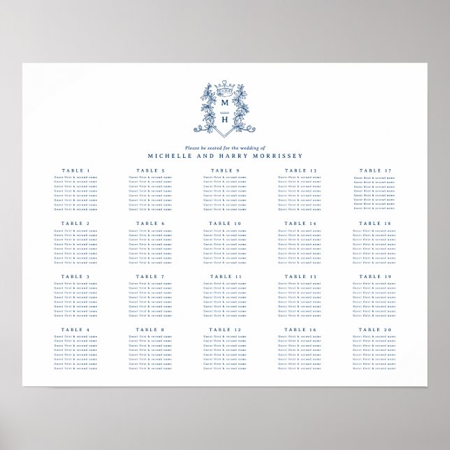 Poster Casamento de coroa azul branca 20 mesa (Frente)