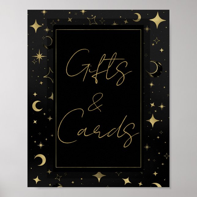 Poster Casamento de Estrelas Celestiais Negras e Douradas (Frente)