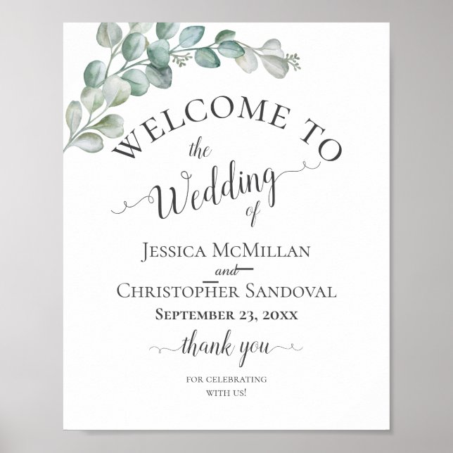 Poster Casamento de Eucalipto Verde com Aquarela Rústica (Frente)