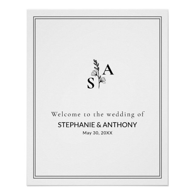 Pôster Casamento de flor selvagem Mínimo BW Monograma (Frente)