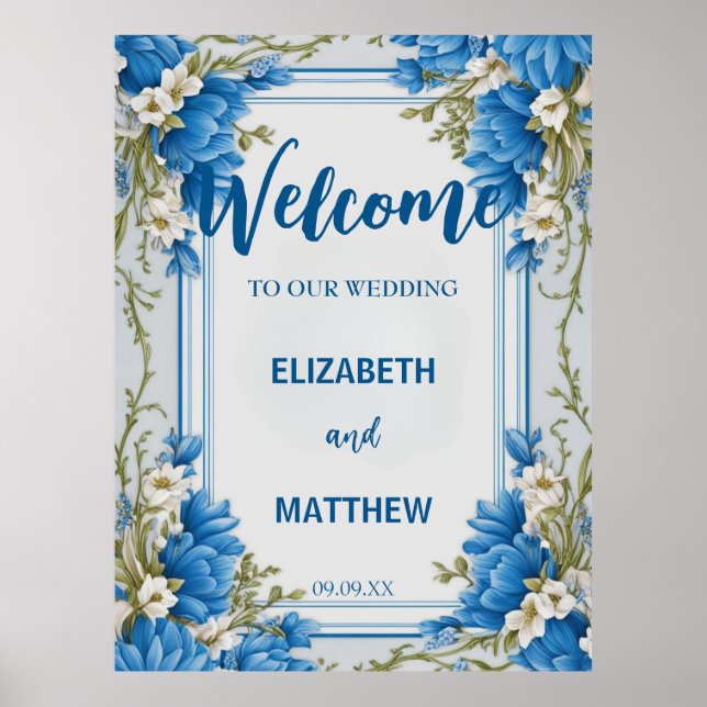 Poster Casamento de flores de Hydrangea, de cor azul e br (Frente)