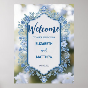 Poster Casamento de Flores de Sobreposição Azul e Branco 