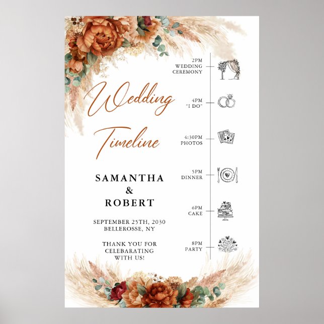 Poster Casamento de flores de Terracotta pampas burgundy  (Frente)