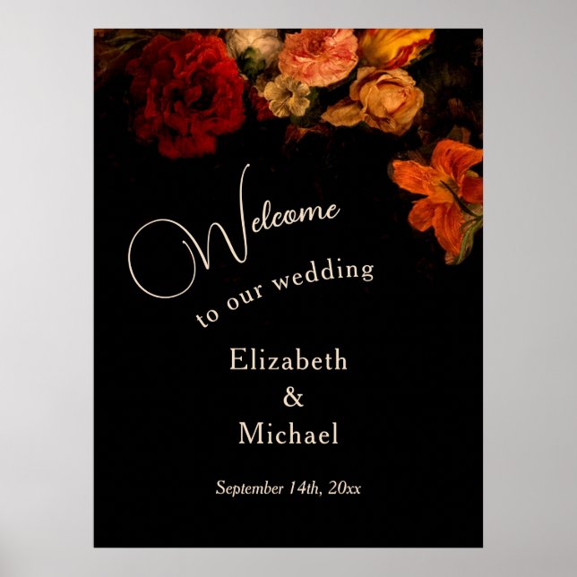 Poster Casamento de Flores Pintadas Dark Romantic Bem-vin (Frente)