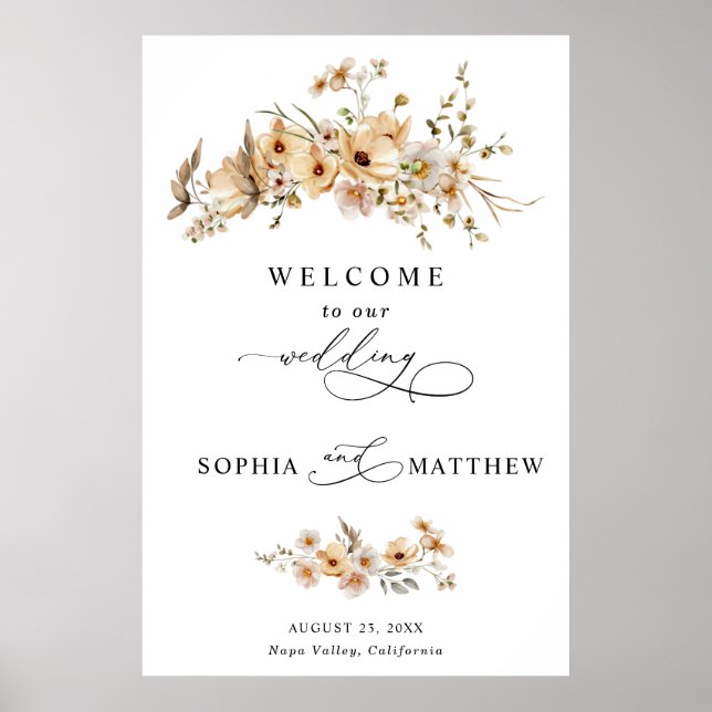 Poster Casamento de Flores Silvestres Bege (Frente)