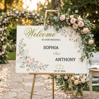 Poster Casamento de Flores Silvestres em Aquarela Rosa e