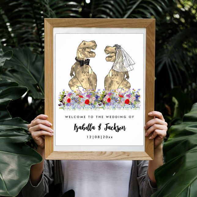 Poster Casamento de Flores Silvestres Tema Dinossauro Bem (Dinosaur themed wedding fun T-Rex bride and groom in wildflower meadow custom wedding welcome poster)