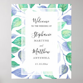 Poster Casamento de Folhagem com Folhas Azuis Molhadas Az