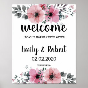 Poster casamento de Folhagem Floral de Cor Aquosa