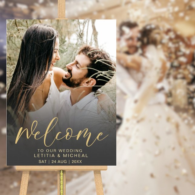 Poster Casamento de Fotografia Preto e Dourado com Caligr (Criador carregado)