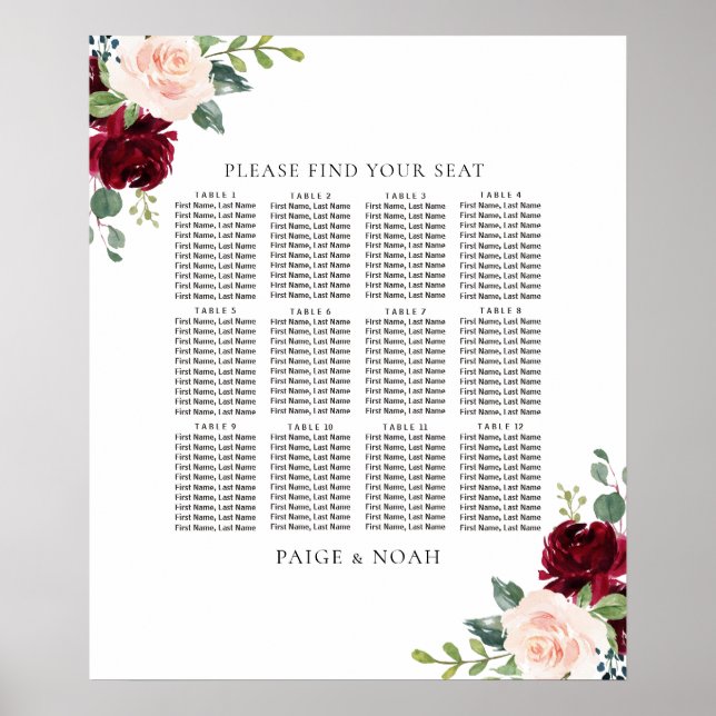 Poster Casamento de Gráficos Florais de Mesas Blush Burgu (Frente)