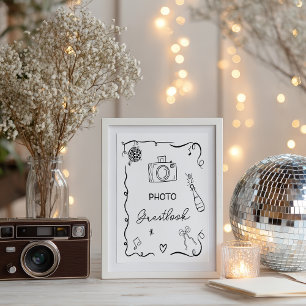 Poster Casamento de Guestbook Desenhado pela Mão Preta Qu