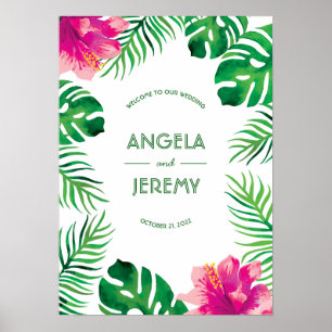 Poster Casamento de Hibiscos Rosa e Folhas Tropicais