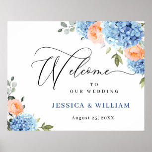 Poster Casamento de Hortênsias Azuis Elegantes com Rosas