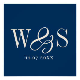 Pôster Casamento de iniciais azuis do casal Elegante