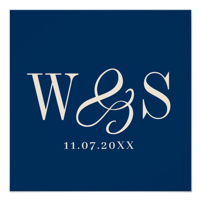 Pôster Casamento de iniciais azuis do casal Elegante (Frente)