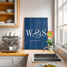 Poster Casamento de iniciais azuis do casal Elegante