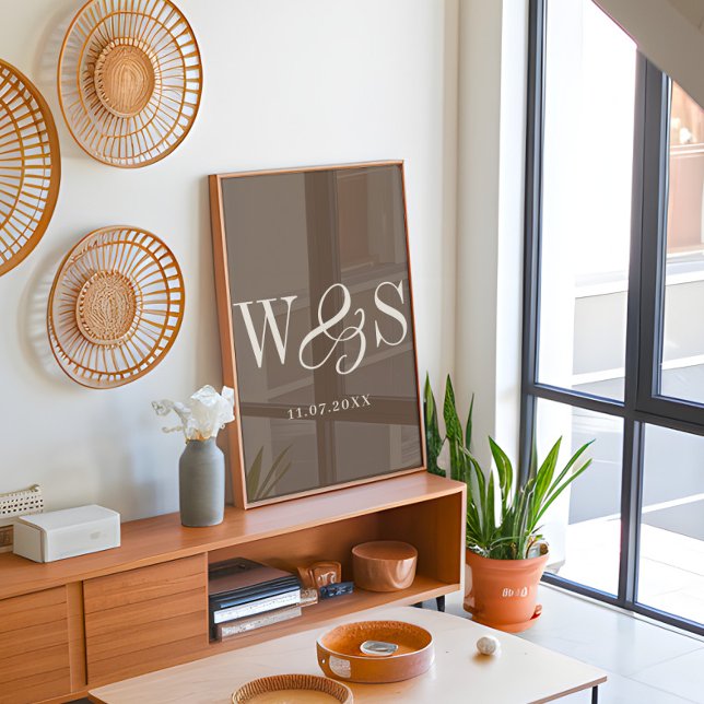 Poster Casamento de iniciais de casal marrom-quente elega (Criador carregado)