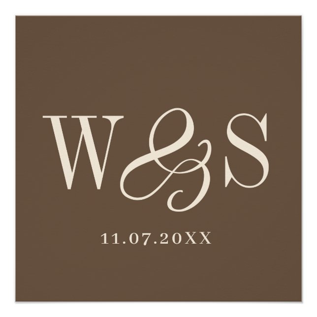 Pôster Casamento de iniciais de casal marrom-quente elega (Frente)