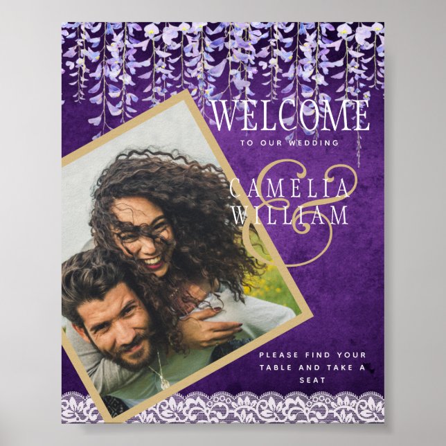 Poster Casamento de Lace de Wisteria Roxo Moderno (Frente)
