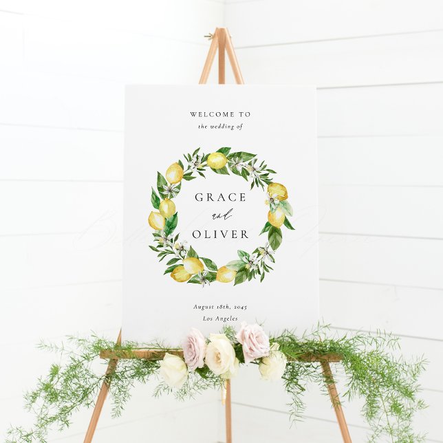 Poster Casamento de limão botânico e Design verde ( Customizable Wedding Welcome Sign with Watercolor Lemons, Blossoms & Greenery Wreath)