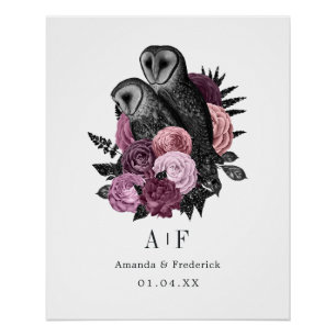 Pôster Casamento de Mauve Floral Glam Gothic Owls