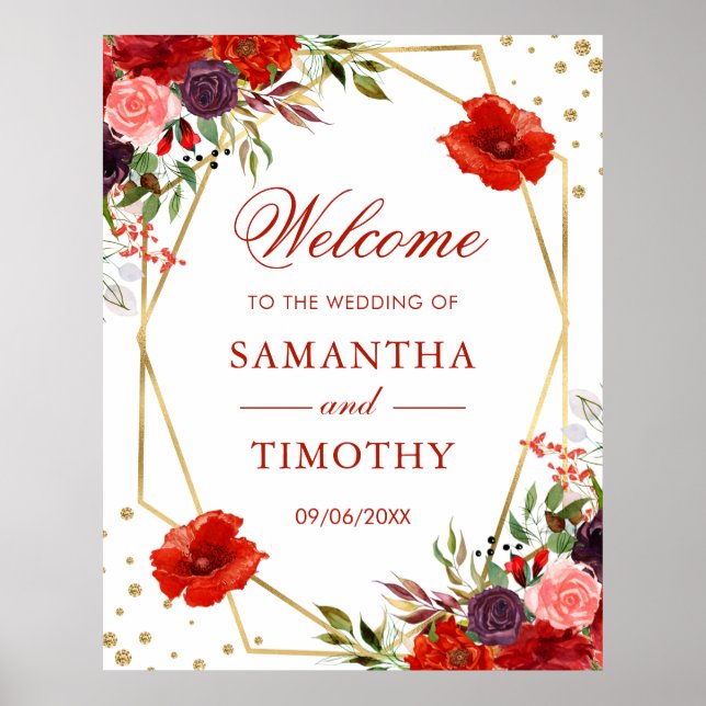 Poster Casamento de Moldura Dourada de Flores de Outono e (Frente)