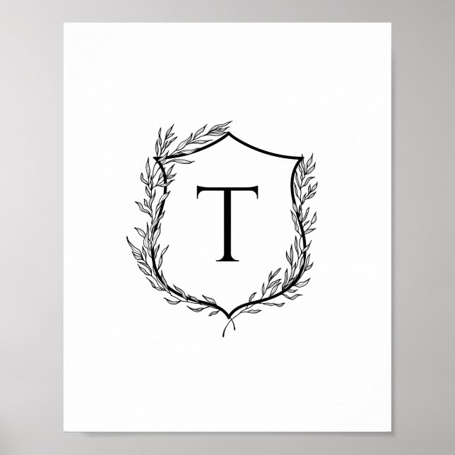 Poster Casamento de Monograma de Crest Botânico (Frente)