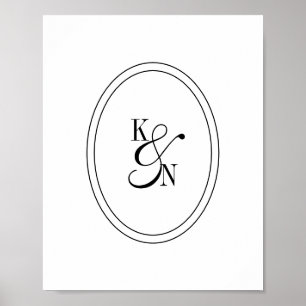 Poster Casamento de Monograma Inicial Preto e Branco Mode