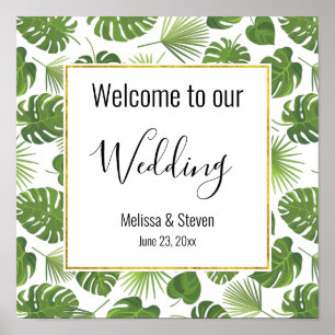 Poster Casamento de Padrão de Folhas Tropicais na moda V