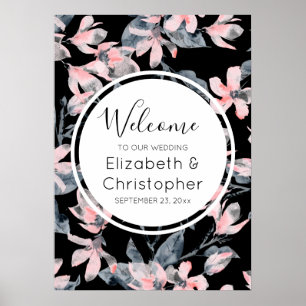Poster Casamento de Padrão Flor de Aquarela Rosa e Cinza