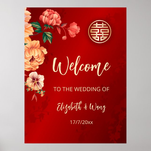 Poster Casamento de Peony Chinês Bem-Vindo (Frente)