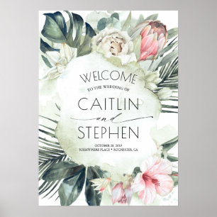 Poster Casamento de Praia de Flores Tropicais e Folhas de