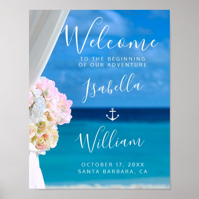 Poster Casamento de Praia do Oceano Azul Floral Moderno (Frente)