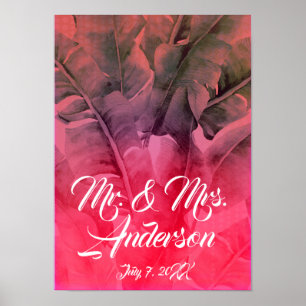 Poster Casamento de praia tropical cor-de-rosa das folhas