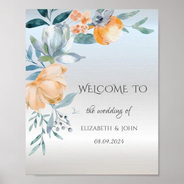 Poster Casamento de Prata com Flores Azuis Dusty (Frente)