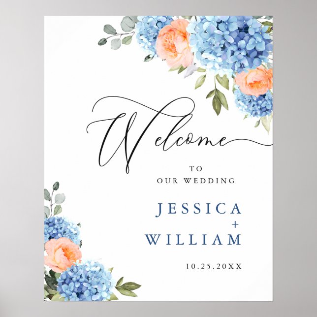 Poster Casamento de Rosas Blush de Hydrangea Azul Elegant (Frente)