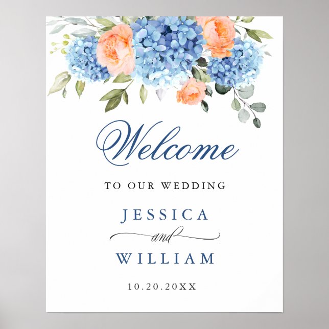Poster Casamento de Rosas Blush de Hydrangea Azul Elegant (Frente)