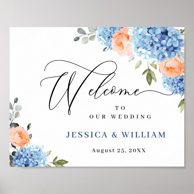 Poster Casamento de Rosas Blush de Hydrangea Azul Elegant (Frente)