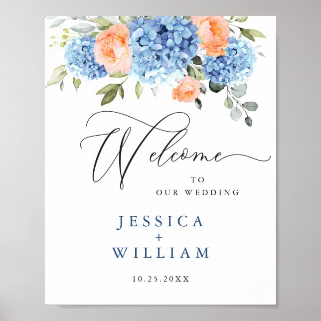 Poster Casamento de Rosas Blush de Hydrangea Azul Elegant (Frente)