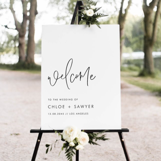 Poster Casamento de Script Manuscrito Mínimo Preto (Add a simple, sophisticated touch to your wedding day with this minimalist wedding welcome sign.)