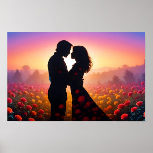 Poster Casamento de Silhueta Romântica e Sunset casal Lov