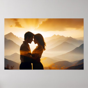 Poster Casamento de Silhueta Romântica e Sunset casal Lov