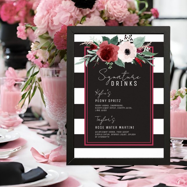 Poster Casamento de Tiras Florais Magenta Bebidas Signatu (Criador carregado)